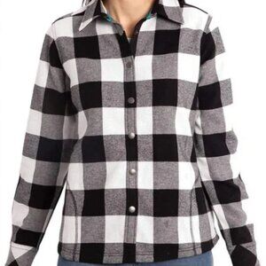 Orvis Buffalo Plaid Black White Fleece shirt-jacket Shacket Womens Pockets